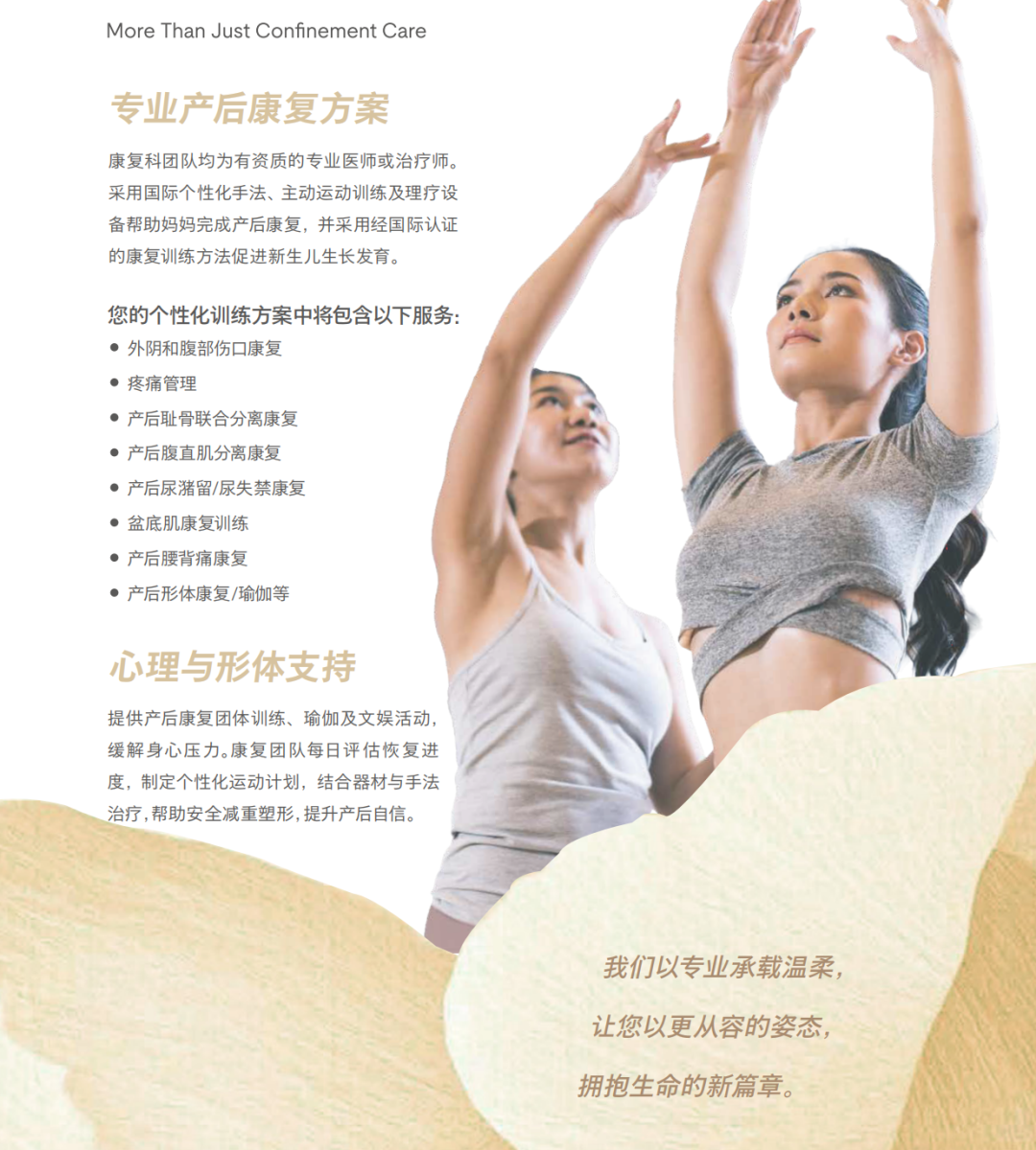 Eight clinical recovery tracks: perineal & abdominal wound care, pain management, pubic symphysis diastasis, diastasis recti, urinary retention / incontinence, pelvic floor training, postpartum lower-back pain, body-shape recovery & yoga